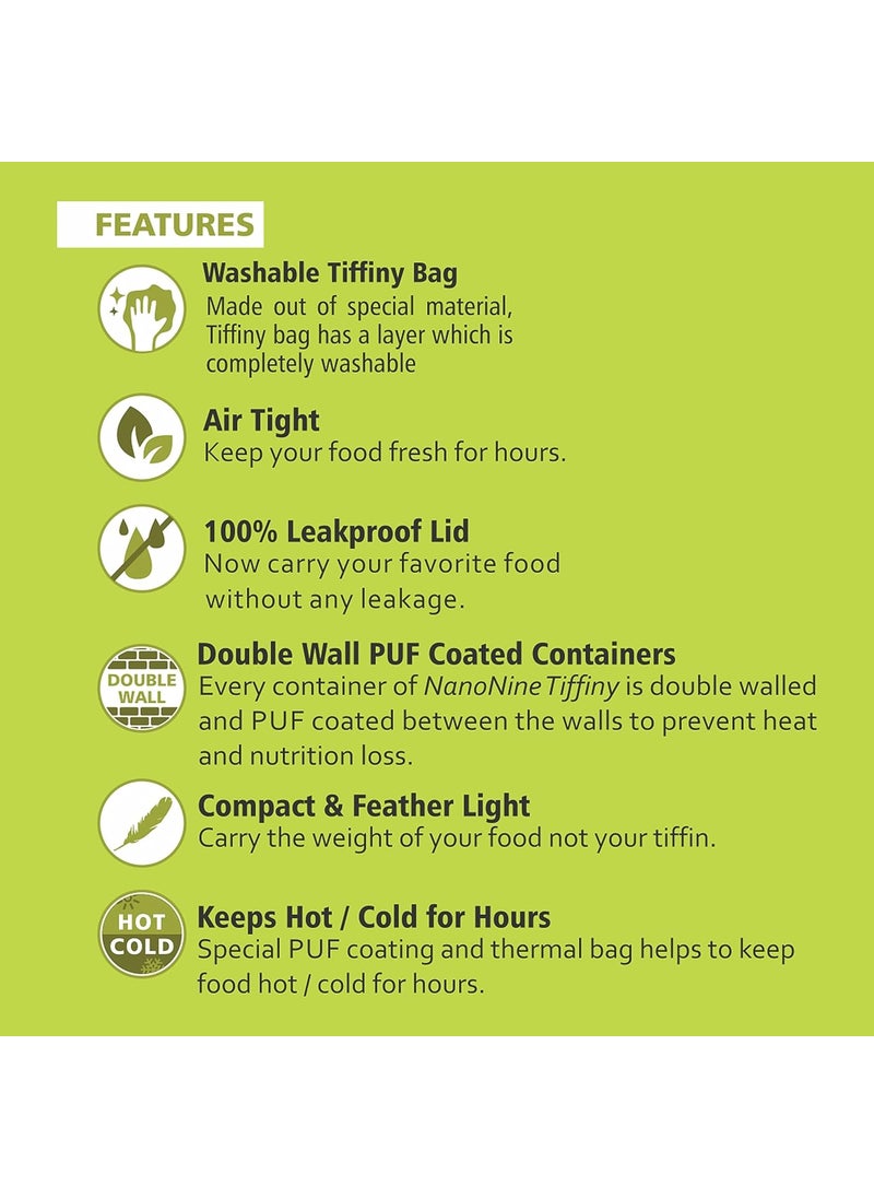 NanoNine Tiffiny Small Pro Double Wall Insulated Stainless Steel Lunch Box with Bag, 375 ml, 2 pc, Green