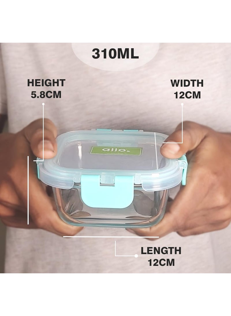 Allo FoodSafe Glass Containers with Lids, Lunch Boxes for Office with Break Free Lock, Microwave Safe, Borosilicate Meal Prep Glass Food Storage Container for Kitchen, Leak Proof, Set of 3, 310ml
