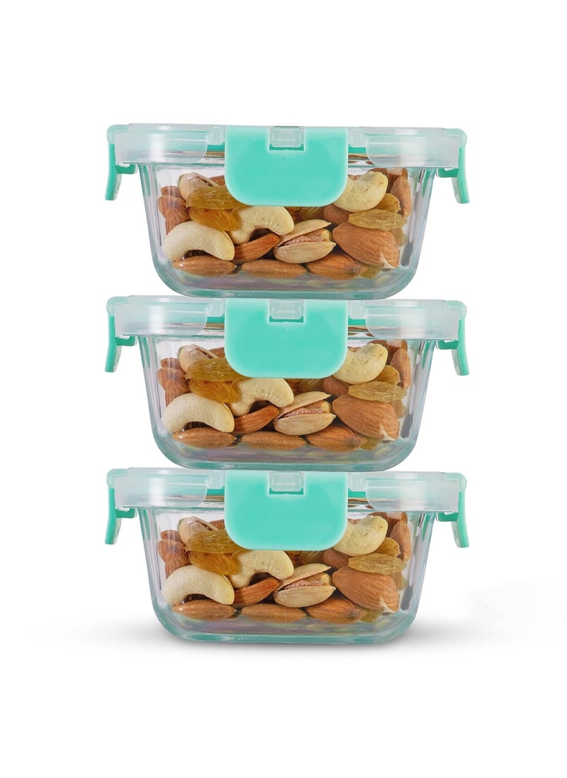 Allo FoodSafe Glass Containers with Lids, Lunch Boxes for Office with Break Free Lock, Microwave Safe, Borosilicate Meal Prep Glass Food Storage Container for Kitchen, Leak Proof, Set of 3, 310ml