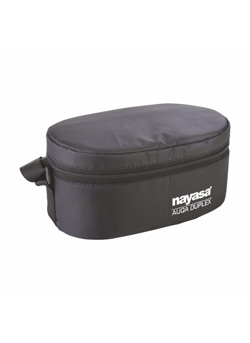 Nayasa Aqua Duplex Lunch Box with 3 Containers (2 Round Containers & 1 Oval Container) Comes with Ziper Pouch, 3 Stainless Steel Containers with Airtight & Leak Proof Lid- 300 ML, Black