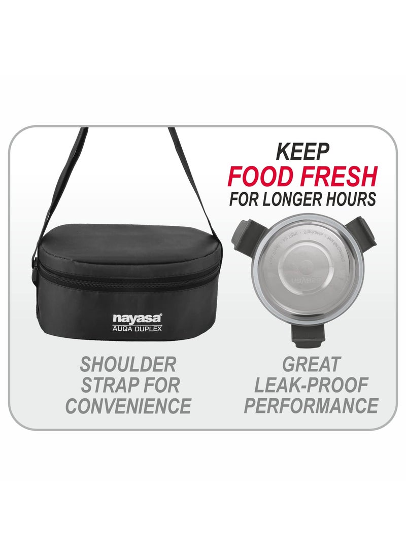 Nayasa Aqua Duplex Lunch Box with 3 Containers (2 Round Containers & 1 Oval Container) Comes with Ziper Pouch, 3 Stainless Steel Containers with Airtight & Leak Proof Lid- 300 ML, Black