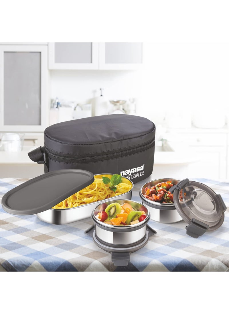 Nayasa Aqua Duplex Lunch Box with 3 Containers (2 Round Containers & 1 Oval Container) Comes with Ziper Pouch, 3 Stainless Steel Containers with Airtight & Leak Proof Lid- 300 ML, Black