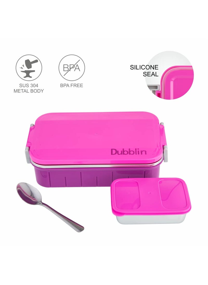 DUBBLIN Feast Stainless Steel Lunch Box Insulated Airtight Spill Proof with Spoon, sabzi Container Inside, 850 ml, Pink