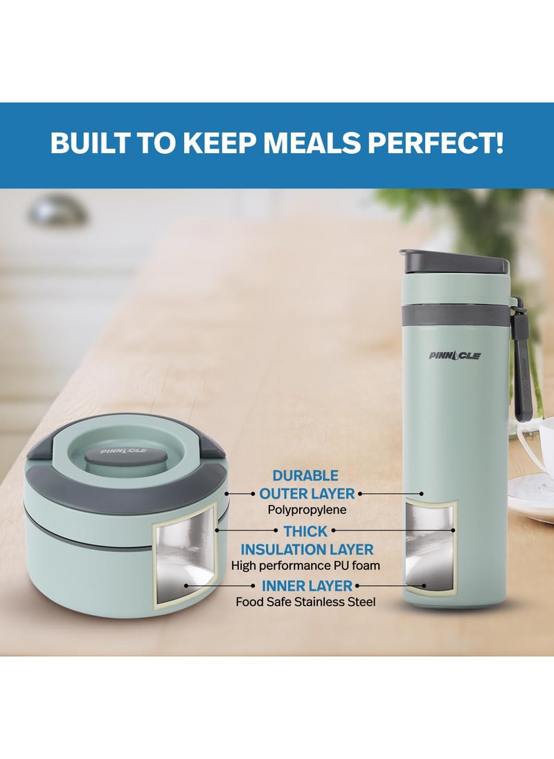 Pinnacle Prime Lunch Box with Pixel Thermo Bottle Combo | Lunch Kit with Bottle | Lunch Box for Kids | Tiffin Box for Office for Men | Additional Stainless Steel Tray (Glacial Green, 3 pc Set)