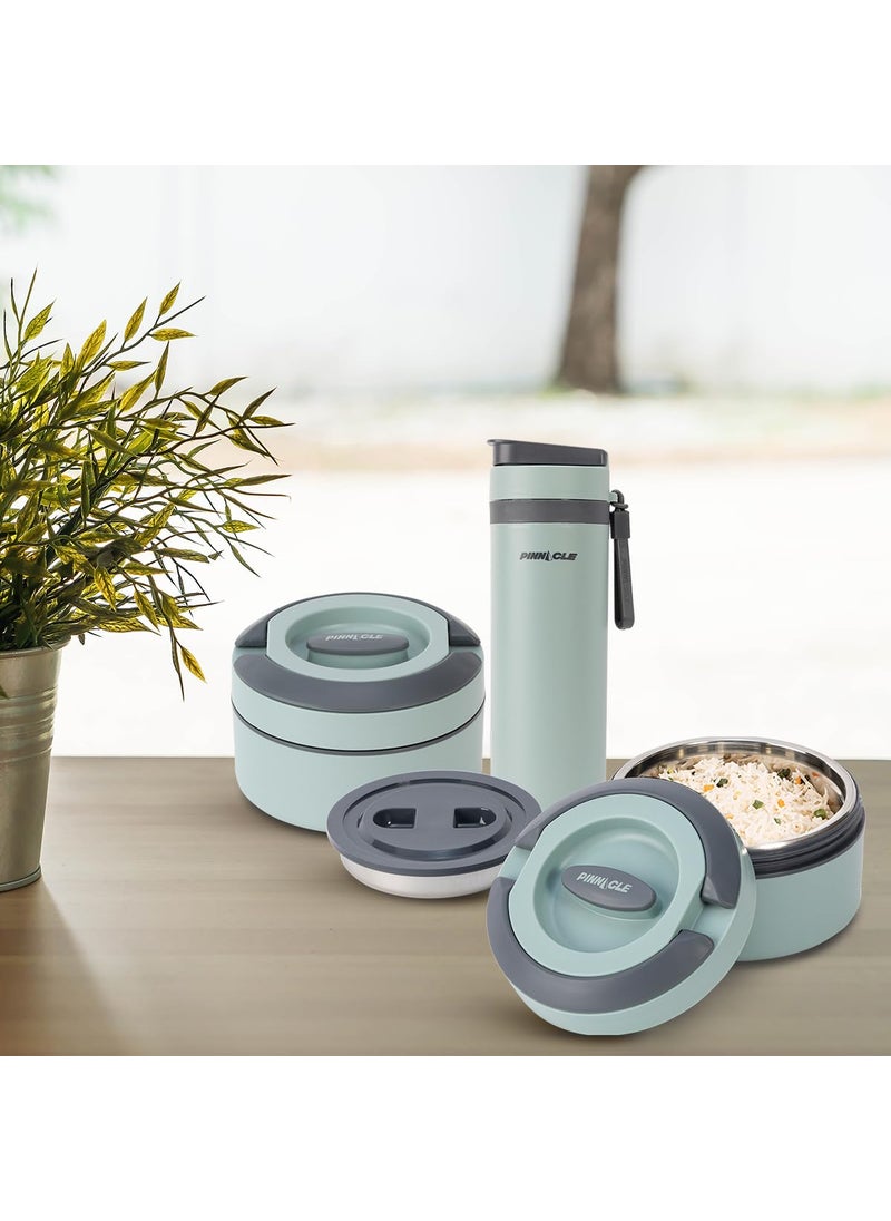 Pinnacle Prime Lunch Box with Pixel Thermo Bottle Combo | Lunch Kit with Bottle | Lunch Box for Kids | Tiffin Box for Office for Men | Additional Stainless Steel Tray (Glacial Green, 3 pc Set)
