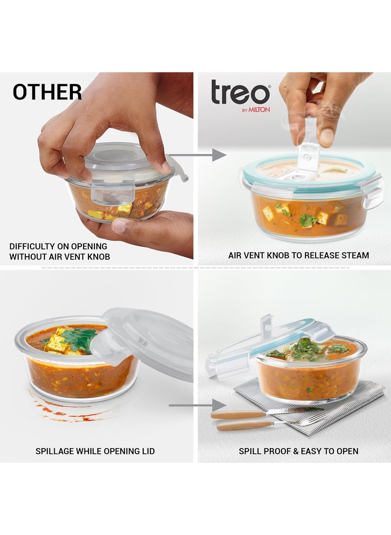 Treo by Milton All Fresh Borosilicate Glass Lunch Box Set of 3, Clear, 400 ml Each with Lunch Bag, Microwave & Dishwasher Safe, Leak Proof Containers Office Tiffin