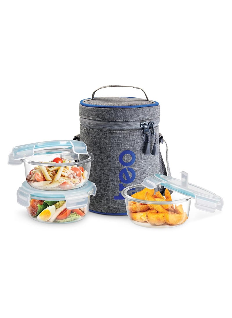 Treo by Milton All Fresh Borosilicate Glass Lunch Box Set of 3, Clear, 400 ml Each with Lunch Bag, Microwave & Dishwasher Safe, Leak Proof Containers Office Tiffin