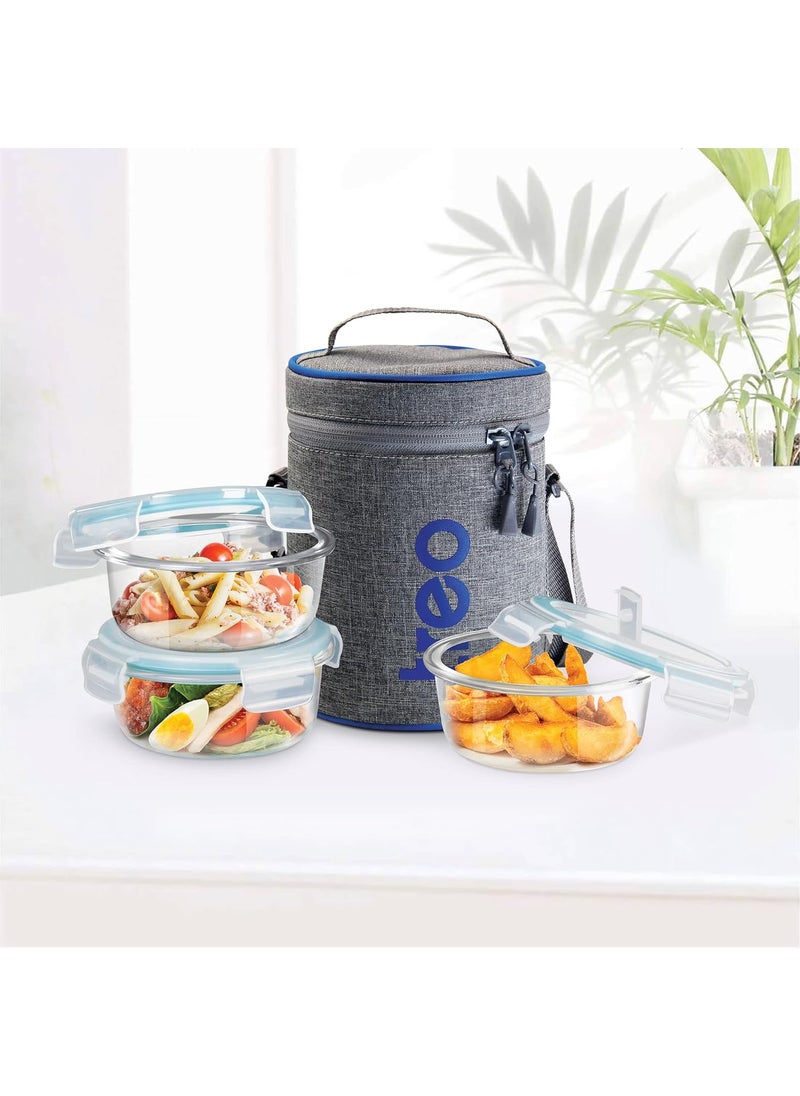 Treo by Milton All Fresh Borosilicate Glass Lunch Box Set of 3, Clear, 400 ml Each with Lunch Bag, Microwave & Dishwasher Safe, Leak Proof Containers Office Tiffin