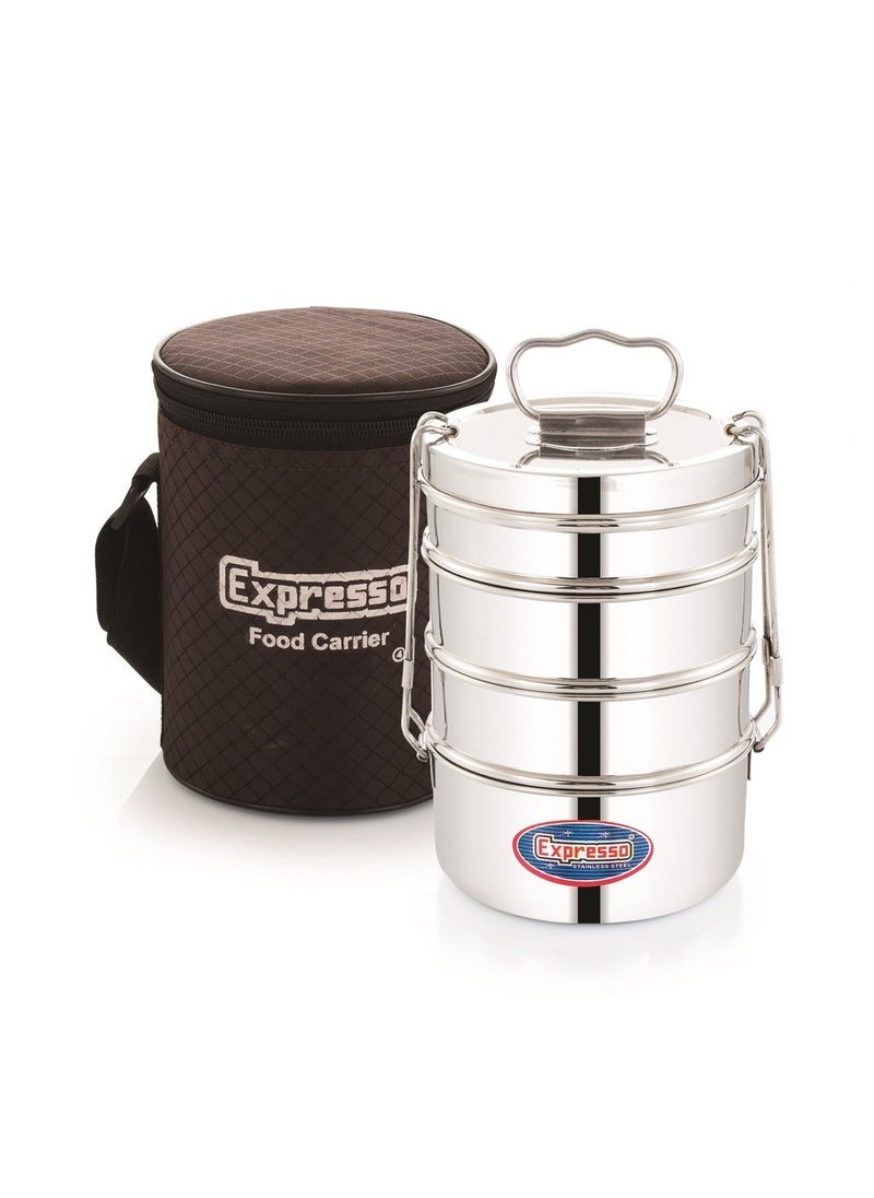 Expresso Stainless Steel Food Carrier 4 Tier 5 Inch Big Container Roller Lock Lunch Box w/Insulated Carry Bag, Silver