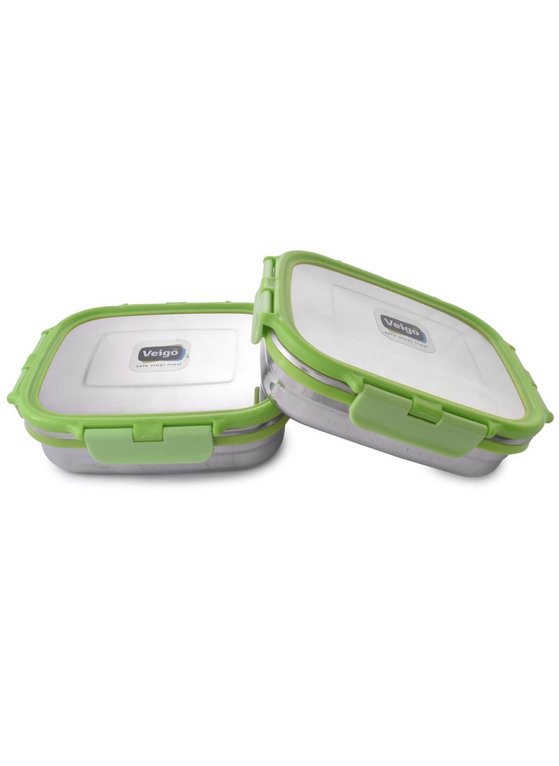 Veigo Premium Finish Lock N Steel 2 Pcs Container (2 Big), Airtight Leakproof Lunch Box Sleek & Compact Design Easy to Fit Into Any Bagpack Perfect for Office,School,Outdoor- Green 600ml+600ml