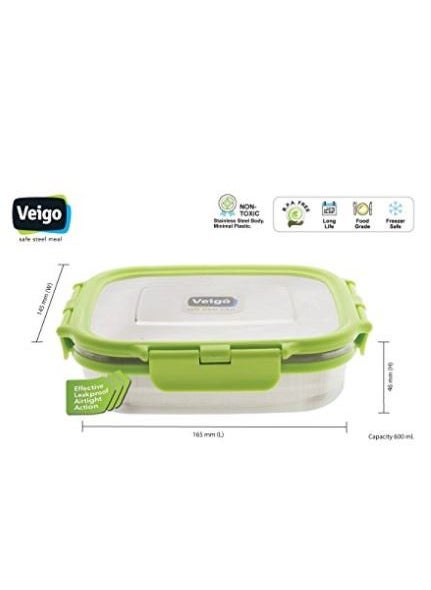 Veigo Premium Finish Lock N Steel 2 Pcs Container (2 Big), Airtight Leakproof Lunch Box Sleek & Compact Design Easy to Fit Into Any Bagpack Perfect for Office,School,Outdoor- Green 600ml+600ml