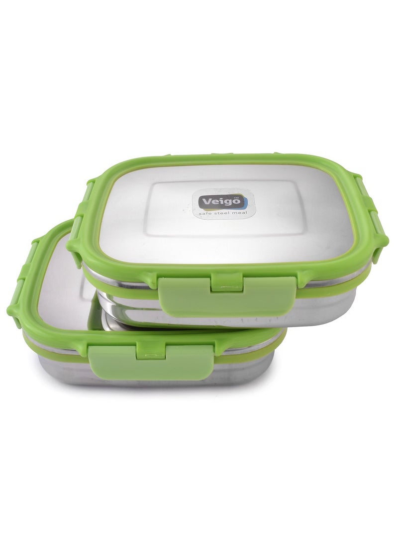 Veigo Premium Finish Lock N Steel 2 Pcs Container (2 Big), Airtight Leakproof Lunch Box Sleek & Compact Design Easy to Fit Into Any Bagpack Perfect for Office,School,Outdoor- Green 600ml+600ml