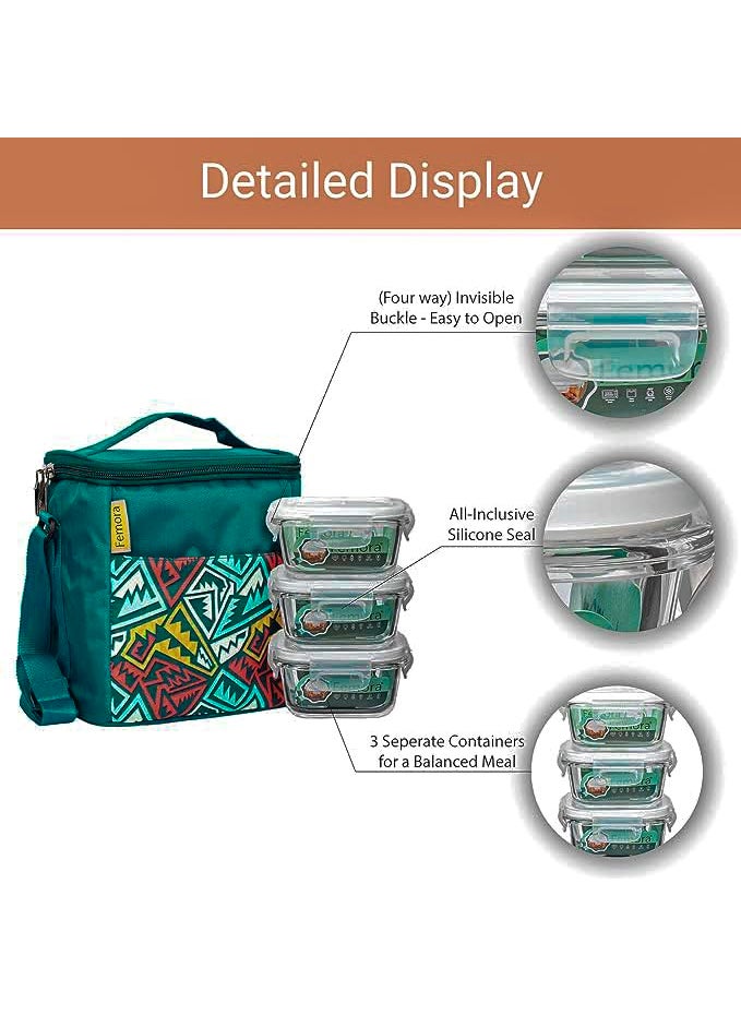 Femora Glass Lunch Box with Bag Set of 3 Containers (Rectangular- 400 ML, Rectangular- 620 ML) Clear, Microwavable Borosilicate Glaas, Ideal for College, Travel Office, Blue
