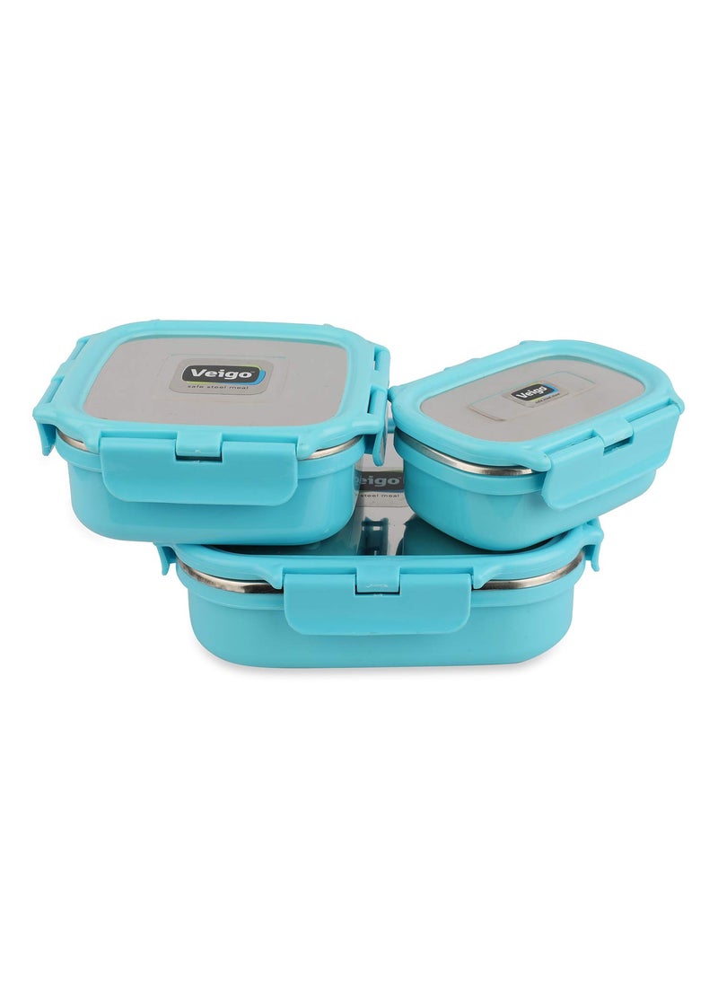 Veigo Premium Finish Classic 3 Pcs Celebration Stainless Steel Containers, Sky Blue,(Big 630 ml,Medium 330 ml & Small 180 ml)