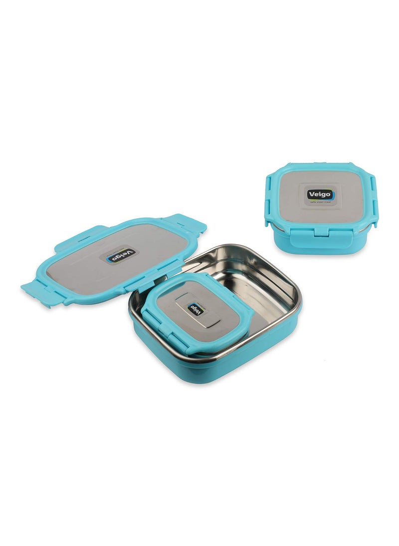 Veigo Premium Finish Classic 3 Pcs Celebration Stainless Steel Containers, Sky Blue,(Big 630 ml,Medium 330 ml & Small 180 ml)