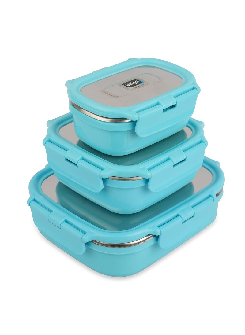 Veigo Premium Finish Classic 3 Pcs Celebration Stainless Steel Containers, Sky Blue,(Big 630 ml,Medium 330 ml & Small 180 ml)