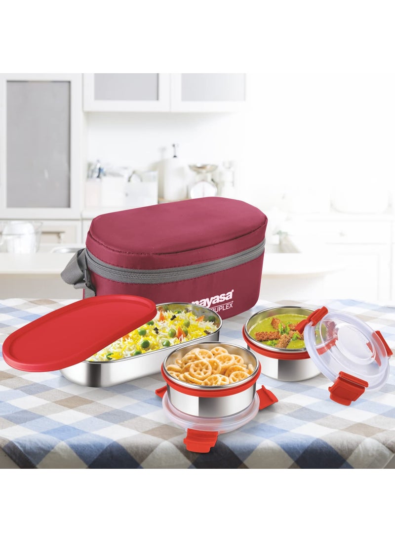 Nayasa Aqua Duplex Lunch Box-300 ML with 2 Round Containers and 1 Oval Container Comes with Ziper Pouch, Airtight & Leak Proof Lid, Ideal for School/College/Office, Red