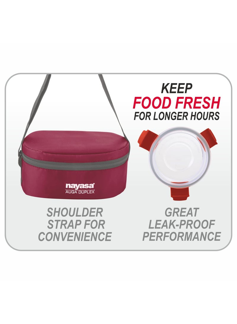 Nayasa Aqua Duplex Lunch Box-300 ML with 2 Round Containers and 1 Oval Container Comes with Ziper Pouch, Airtight & Leak Proof Lid, Ideal for School/College/Office, Red