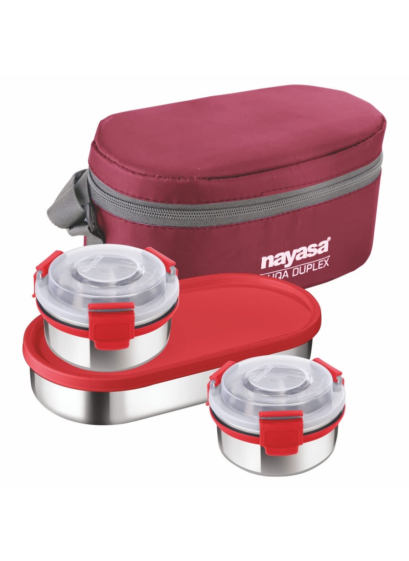 Nayasa Aqua Duplex Lunch Box-300 ML with 2 Round Containers and 1 Oval Container Comes with Ziper Pouch, Airtight & Leak Proof Lid, Ideal for School/College/Office, Red