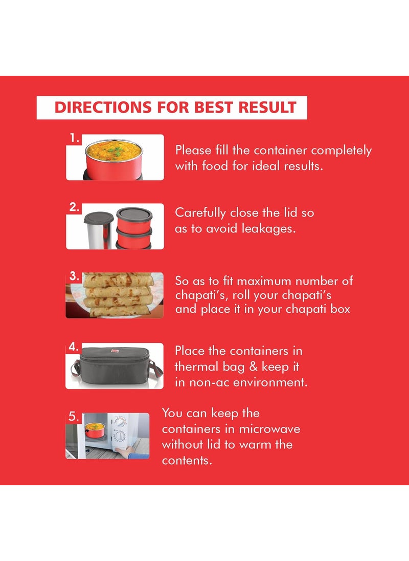 NanoNine Micro Steel Microwave Safe Single Wall Stainless Steel 5 pc Lunch Box with Bag, 250ml x 3, 475ml Chapati Box, 500ml Tumbler