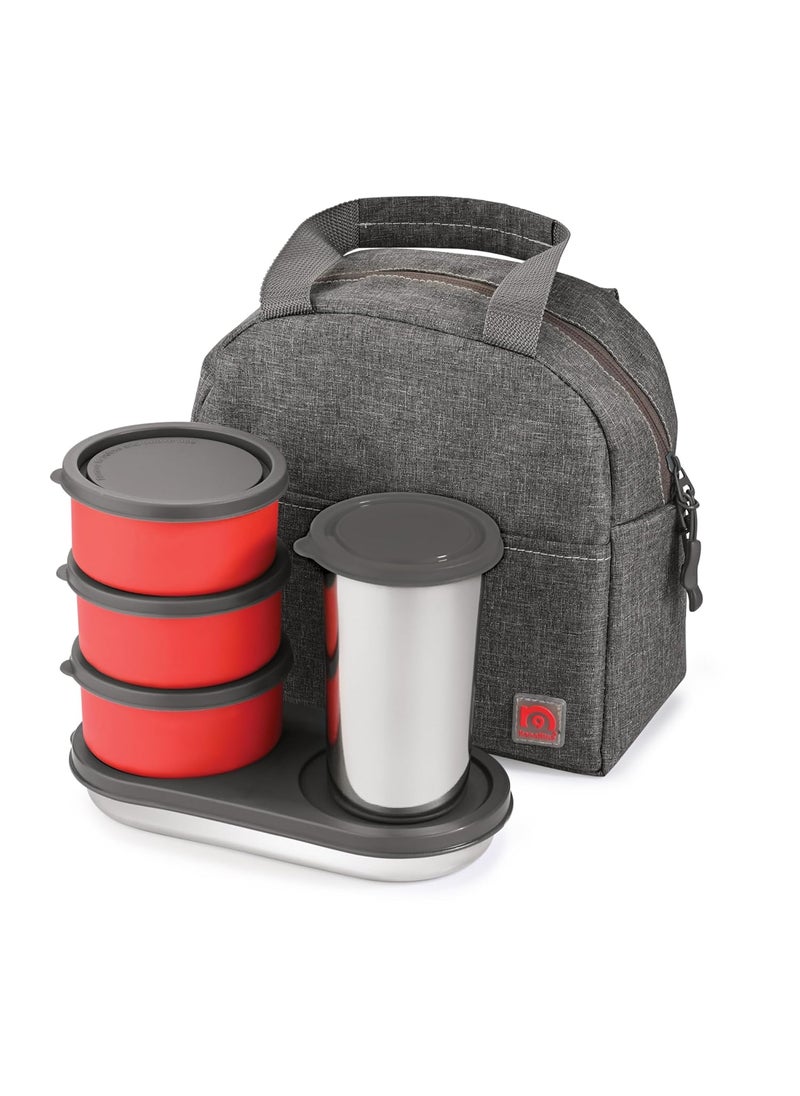 NanoNine Micro Steel Microwave Safe Single Wall Stainless Steel 5 pc Lunch Box with Bag, 250ml x 3, 475ml Chapati Box, 500ml Tumbler