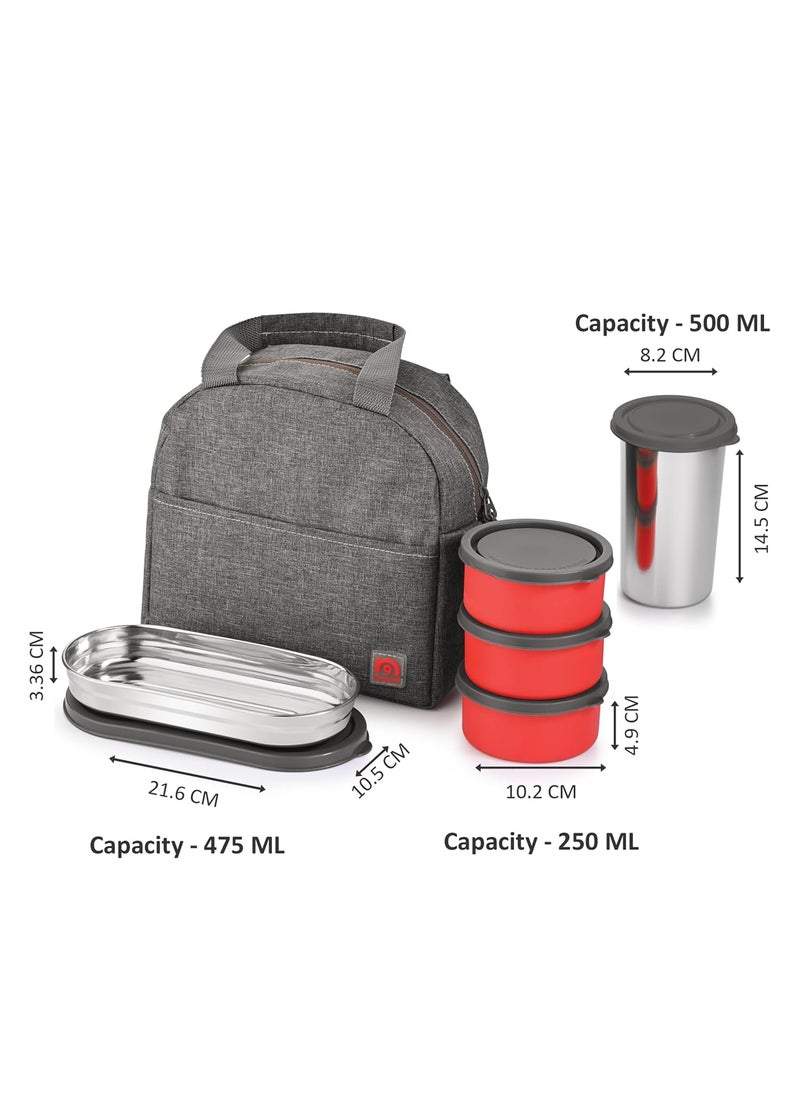 NanoNine Micro Steel Microwave Safe Single Wall Stainless Steel 5 pc Lunch Box with Bag, 250ml x 3, 475ml Chapati Box, 500ml Tumbler