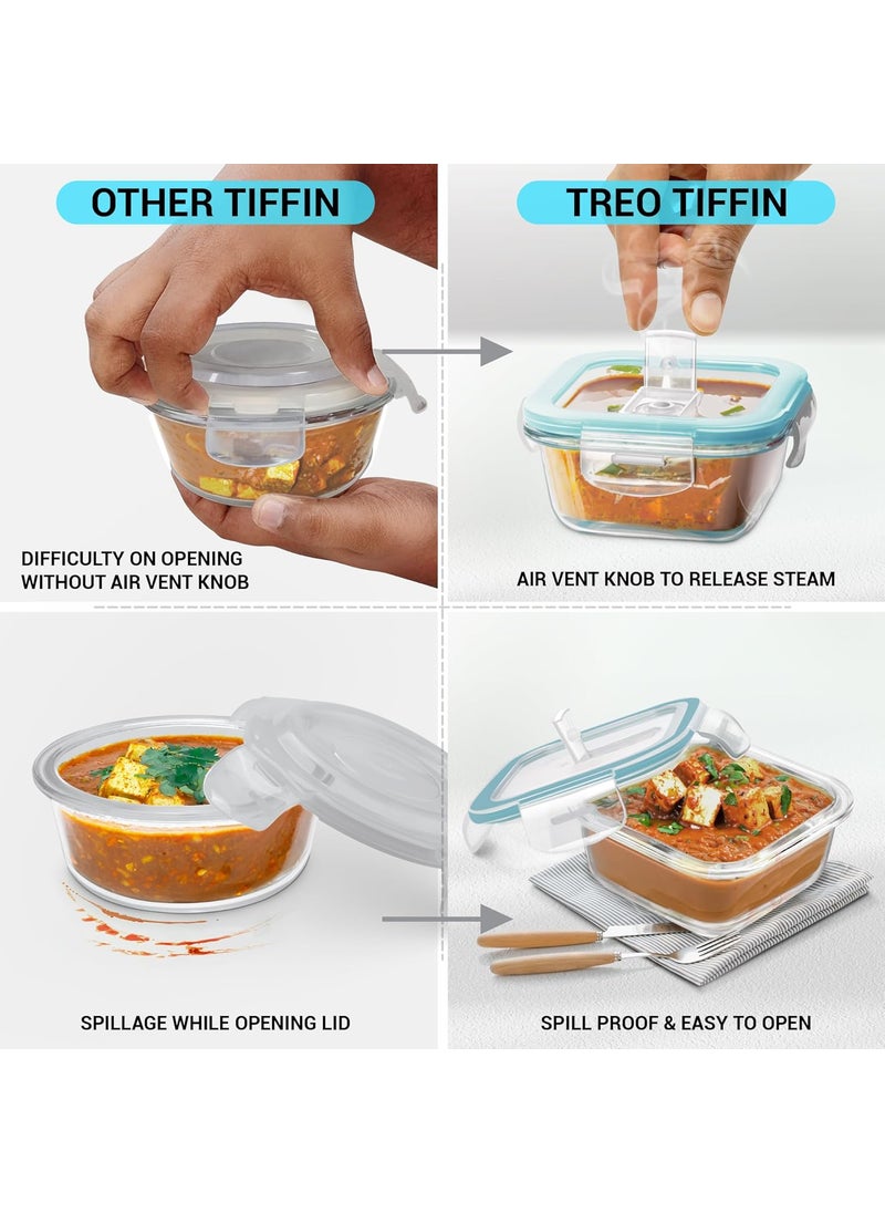 Treo by Milton All Fresh Omni Glass Tiffin with Lunch Bag Set of 4 (2 Round Container, 400ml Each; 2 Square Container, 320ml Each) Microwavable & Leak Proof Containers, Borosilicate Glass, Office Grey
