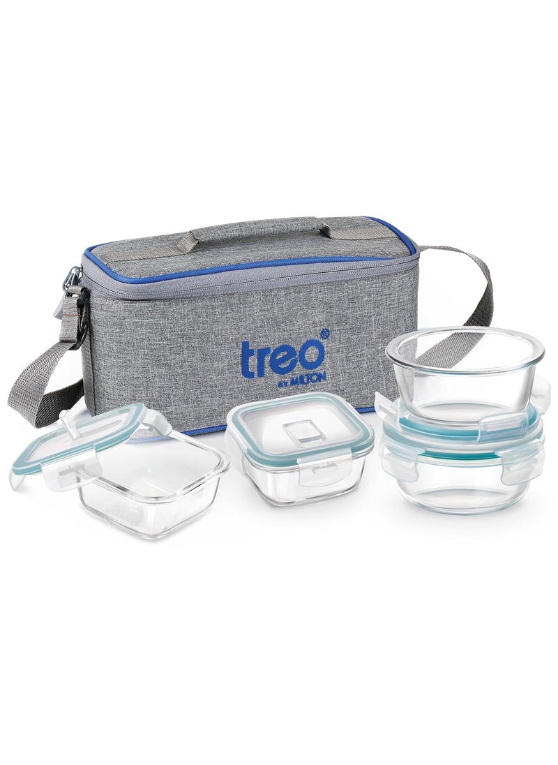 Treo by Milton All Fresh Omni Glass Tiffin with Lunch Bag Set of 4 (2 Round Container, 400ml Each; 2 Square Container, 320ml Each) Microwavable & Leak Proof Containers, Borosilicate Glass, Office Grey