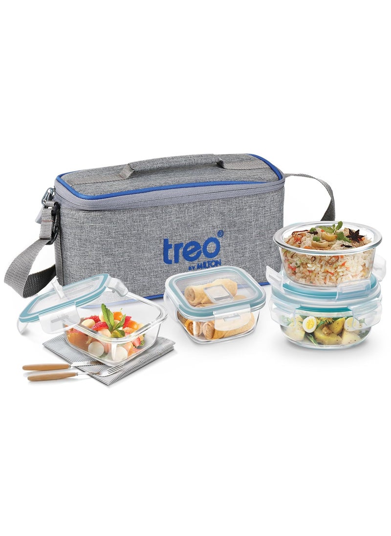 Treo by Milton All Fresh Omni Glass Tiffin with Lunch Bag Set of 4 (2 Round Container, 400ml Each; 2 Square Container, 320ml Each) Microwavable & Leak Proof Containers, Borosilicate Glass, Office Grey
