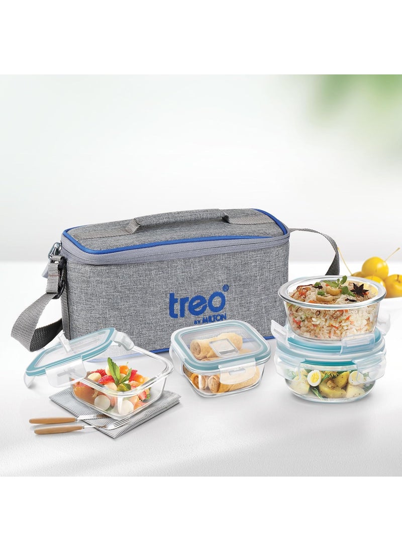 Treo by Milton All Fresh Omni Glass Tiffin with Lunch Bag Set of 4 (2 Round Container, 400ml Each; 2 Square Container, 320ml Each) Microwavable & Leak Proof Containers, Borosilicate Glass, Office Grey