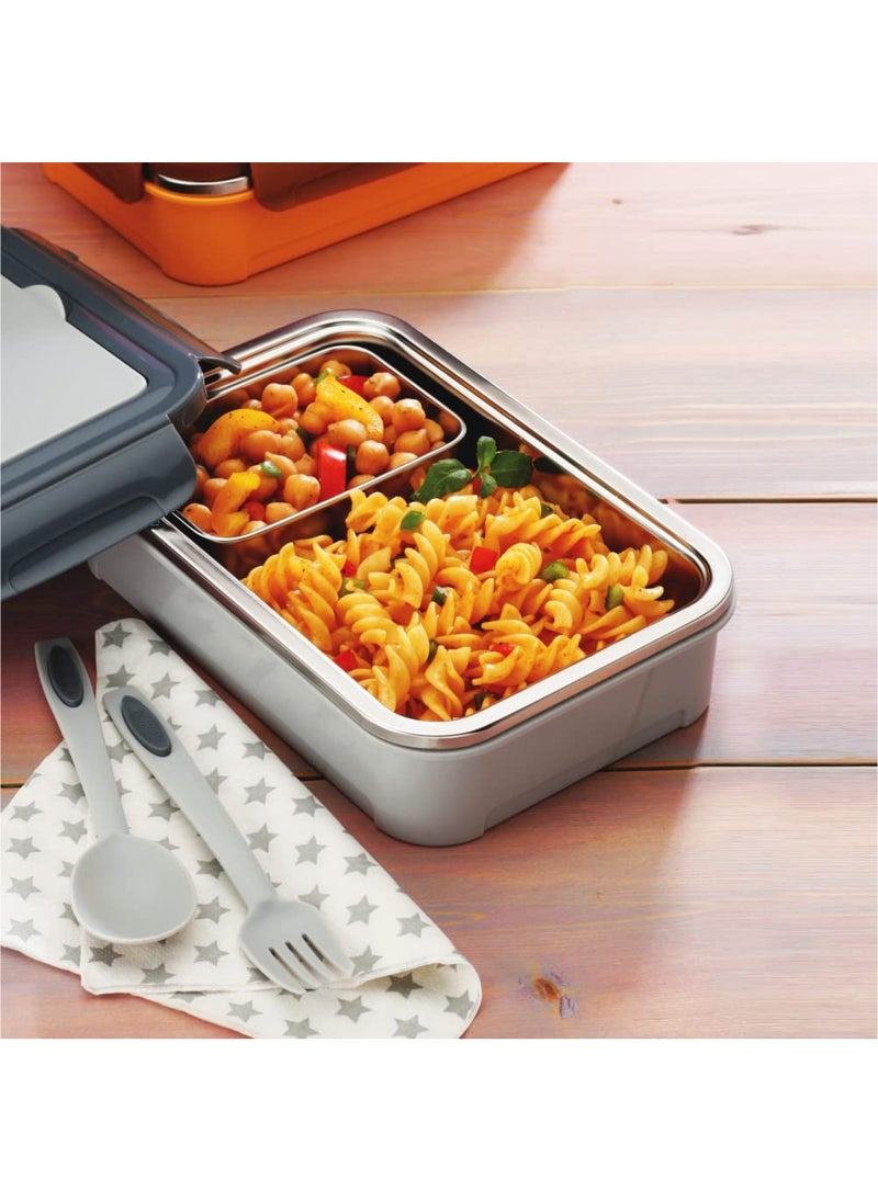 DUBBLIN Buffet Stainless Steel Lunch Box Insulated Airtight Spill Proof with Spoon, Fork & Mini sabzi Container Inside, 850 ml, Grey
