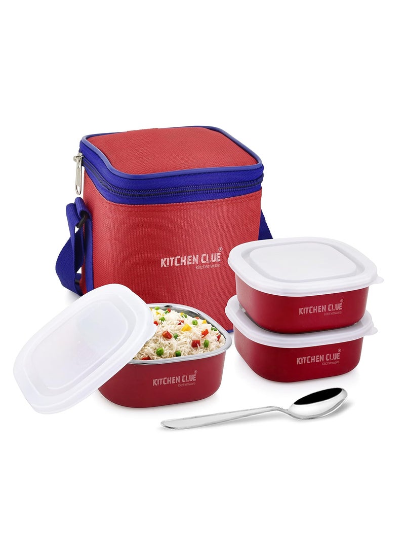 KITCHEN CLUE Microwave Safe Square Tiffin Box/Containers with Airtight Lids I 3 pcs Lunch Containers, 350 ML Each I Ideal for School Kids & Office Men/Women I Easy to Carry Insulated Lunch Bag