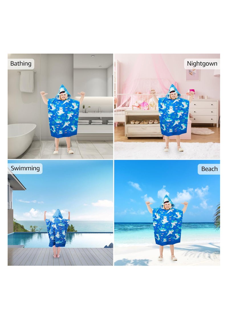 Kids Hooded Poncho Towels, Poncho Towel Short Sleeve, Beach Poncho, Swimming Pool Bath Wrap, Quick Dry Absorbent Beach Childrens Travel Wrap, Soft Microfiber Bath Towel, Shark