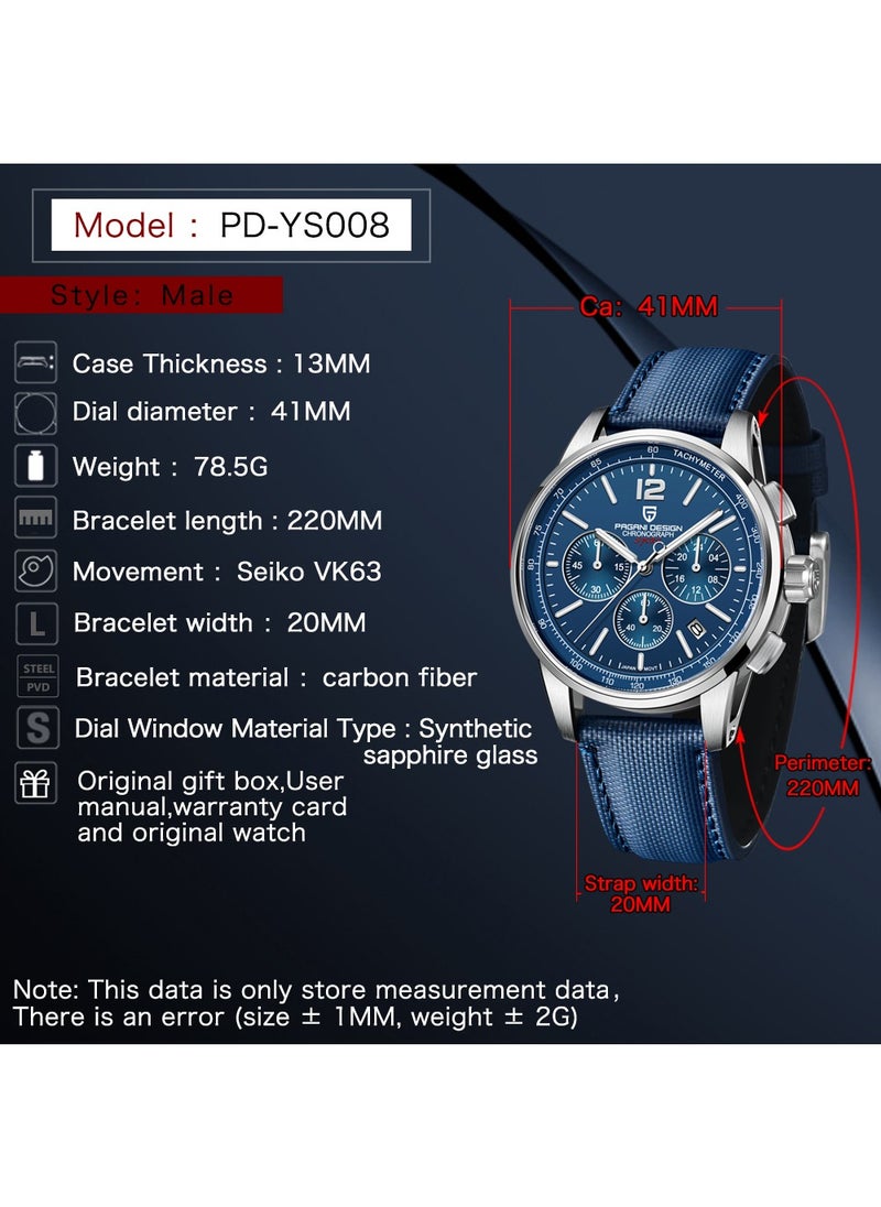 New Men's Quartz Chronograph Watches, Stainless Steel Frame, 40MM Silver Blue Dial, Sapphire Glass Surface, Blue Nylon Strap, Fashionable And Elegant PD YS008