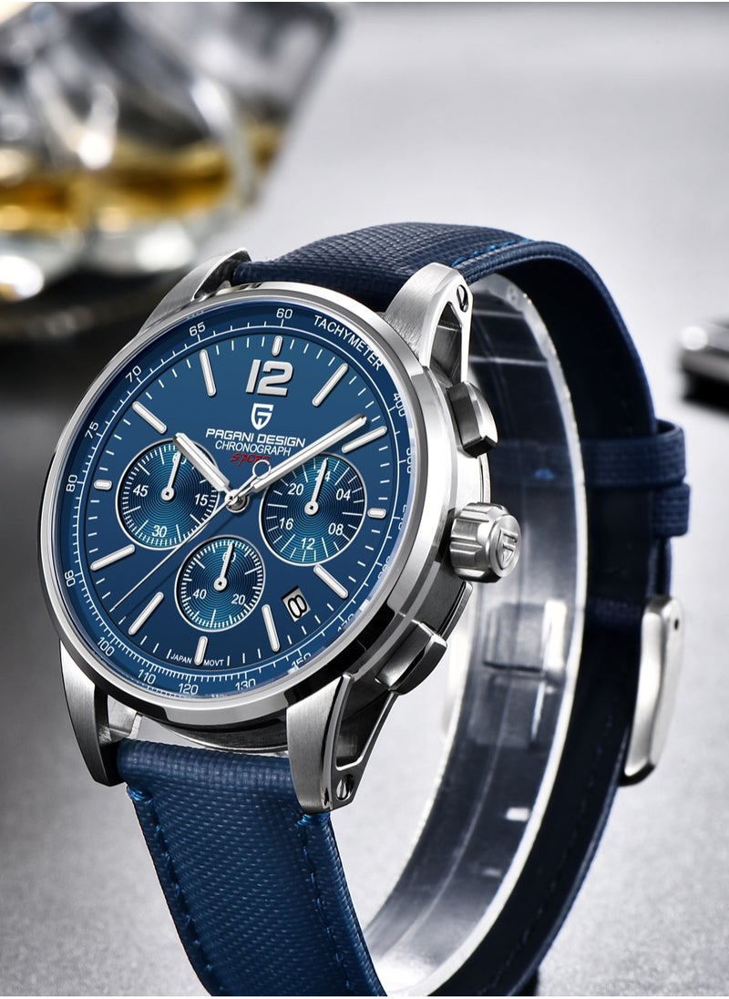 New Men's Quartz Chronograph Watches, Stainless Steel Frame, 40MM Silver Blue Dial, Sapphire Glass Surface, Blue Nylon Strap, Fashionable And Elegant PD YS008