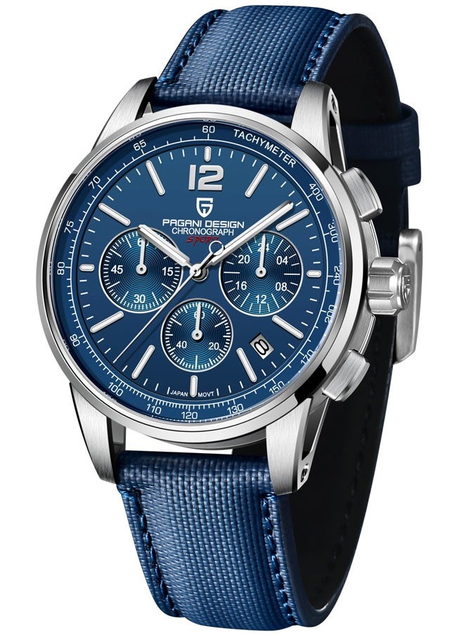 New Men's Quartz Chronograph Watches, Stainless Steel Frame, 40MM Silver Blue Dial, Sapphire Glass Surface, Blue Nylon Strap, Fashionable And Elegant PD YS008