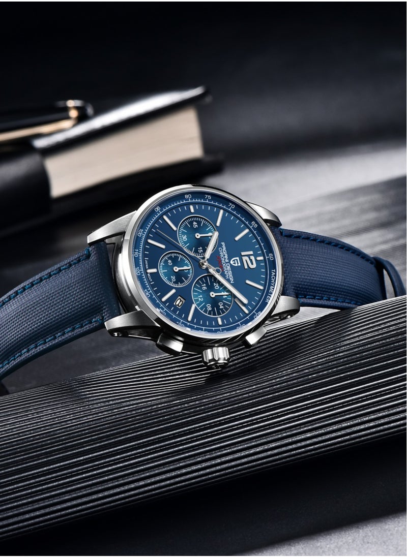 New Men's Quartz Chronograph Watches, Stainless Steel Frame, 40MM Silver Blue Dial, Sapphire Glass Surface, Blue Nylon Strap, Fashionable And Elegant PD YS008