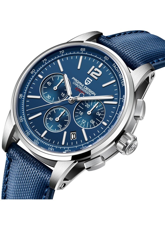 New Men's Quartz Chronograph Watches, Stainless Steel Frame, 40MM Silver Blue Dial, Sapphire Glass Surface, Blue Nylon Strap, Fashionable And Elegant PD YS008