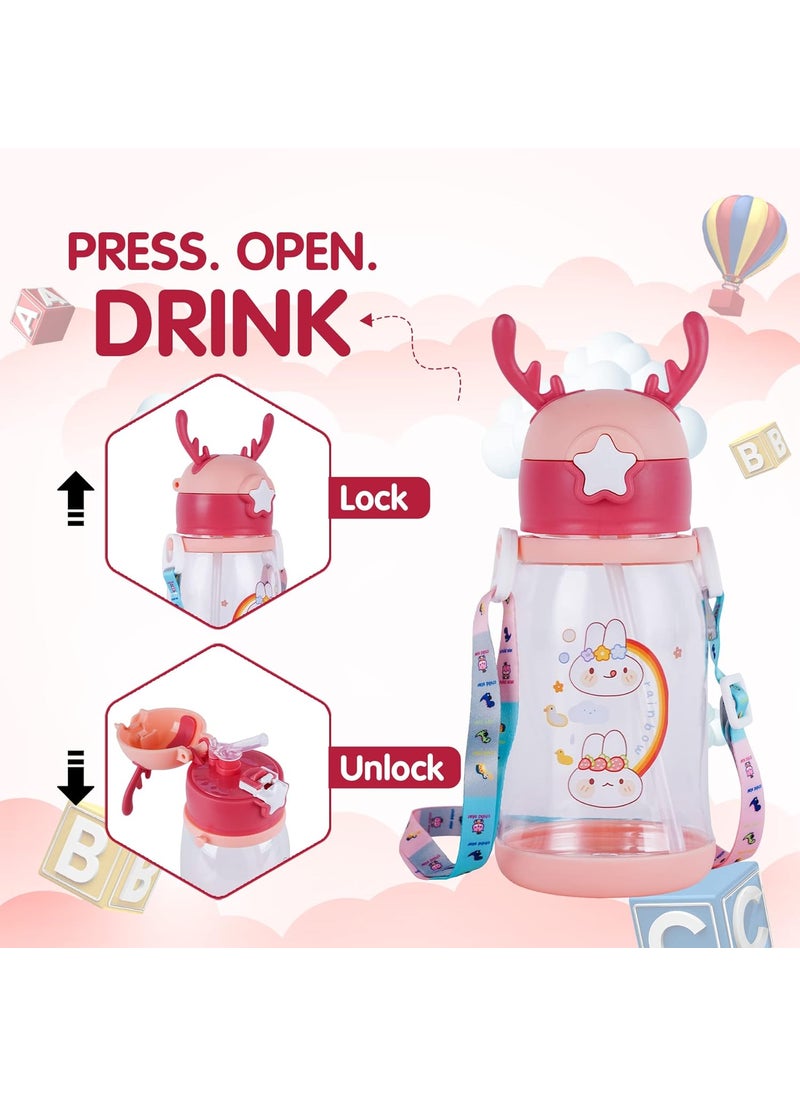 SKYTONE Cute Kids Water Bottle with Sipper, Water Bottle for kids, Sipper Bottle for Kids - Anti-leak Cartoon Kids Water Bottle for Kids (600 ML) (Pink)