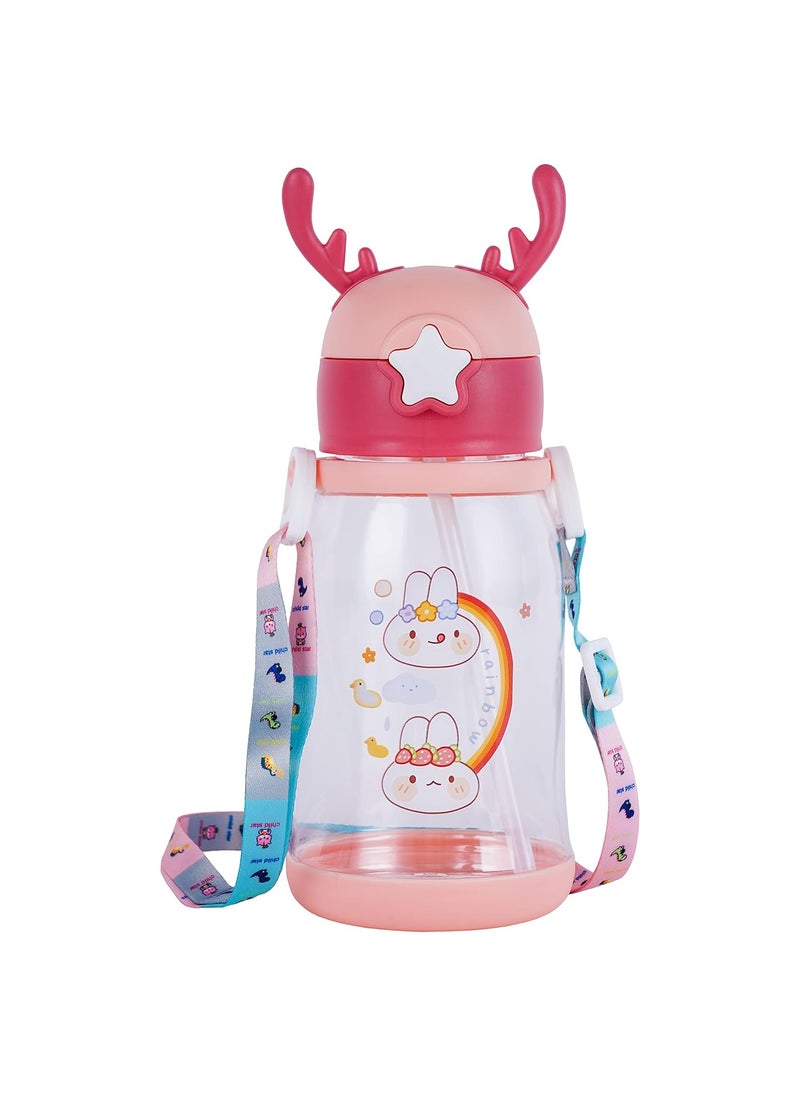SKYTONE Cute Kids Water Bottle with Sipper, Water Bottle for kids, Sipper Bottle for Kids - Anti-leak Cartoon Kids Water Bottle for Kids (600 ML) (Pink)