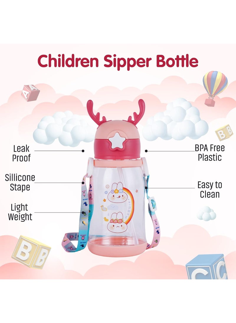 SKYTONE Cute Kids Water Bottle with Sipper, Water Bottle for kids, Sipper Bottle for Kids - Anti-leak Cartoon Kids Water Bottle for Kids (600 ML) (Pink)