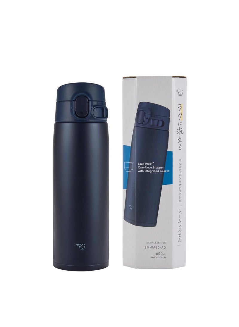 Zojirushi SM-VA60-AD Water Bottle, Seamless Water Bottle, Large Capacity, 20.3 fl oz (600 ml), One Touch Stainless Mug, Navy, Integrated Lid and Seal, Easy to Clean, 3 Pieces Only Wash