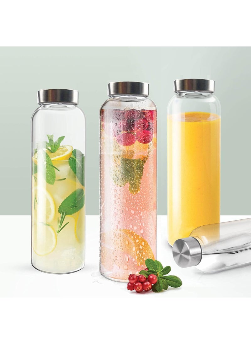 Vency 800ml Glass Water Bottles with Stainless Steel Caps | Leak-Proof, Wide Mouth, Easy to Clean | Perfect for Office, School & College | Set of 4