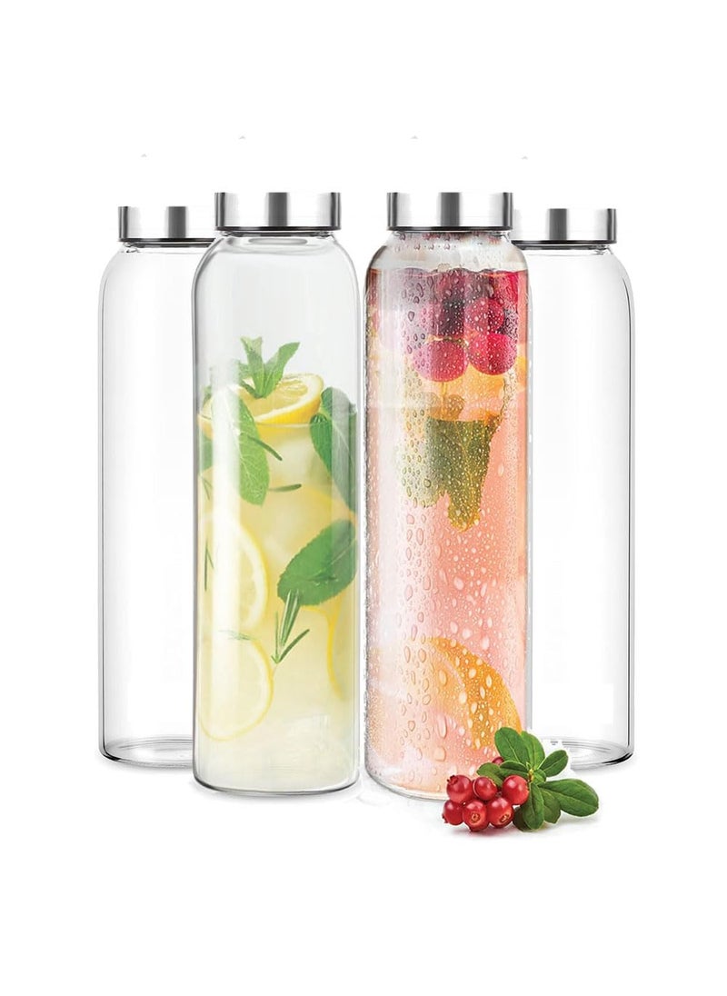 Vency 800ml Glass Water Bottles with Stainless Steel Caps | Leak-Proof, Wide Mouth, Easy to Clean | Perfect for Office, School & College | Set of 4