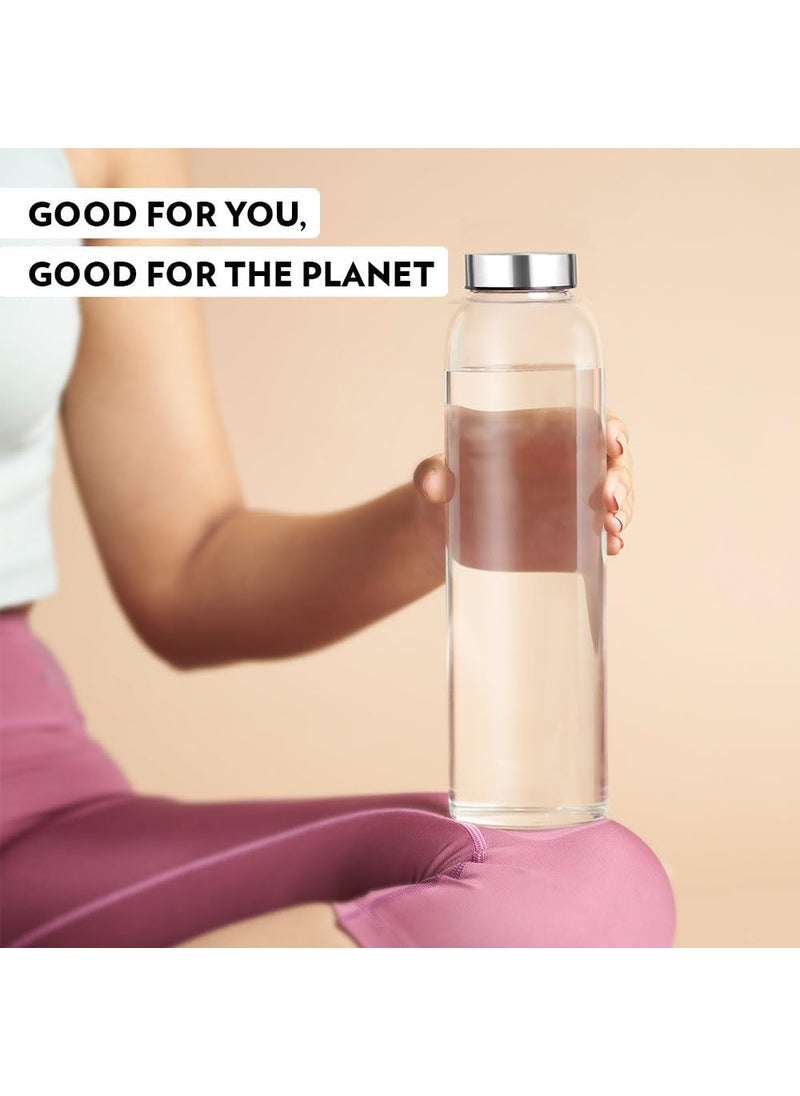 Vency 800ml Glass Water Bottles with Stainless Steel Caps | Leak-Proof, Wide Mouth, Easy to Clean | Perfect for Office, School & College | Set of 4