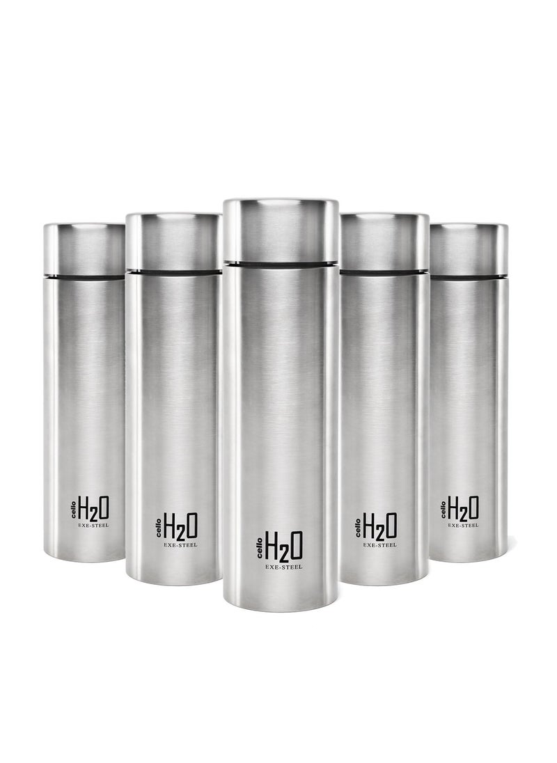 CELLO H2O Stainless Steel Water Bottle | Leak proof & break-proof | Lid is sealed by a silicone ring | Best Usage for Office/School/College/Gym/Picnic/Home/Fridge |1 Litre | Silver, Set of 5