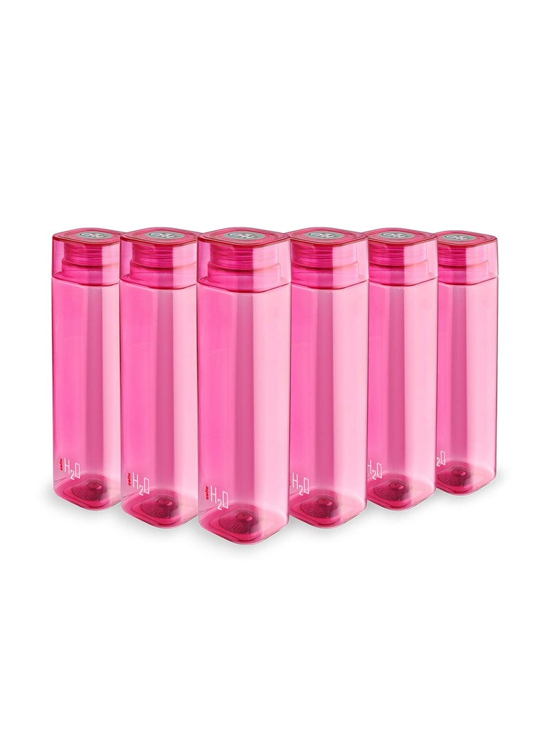 Cello H2O Squaremate Plastic Water Bottle | Lid is sealed by a silicone ring | Leak proof & break-proof |Best Usage for Office/School/College/Gym/Picnic/Home/Fridge | 1 Liter | Pink, Set of 6