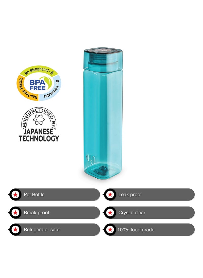 CELLO H2O Squaremate Plastic Water Bottle | Lid is sealed by a silicone ring | Leak proof & break-proof |Best Usage for Office/School/College/Gym/Picnic/Home/Fridge | 1 Liter | Aqua Blue, Set of 4