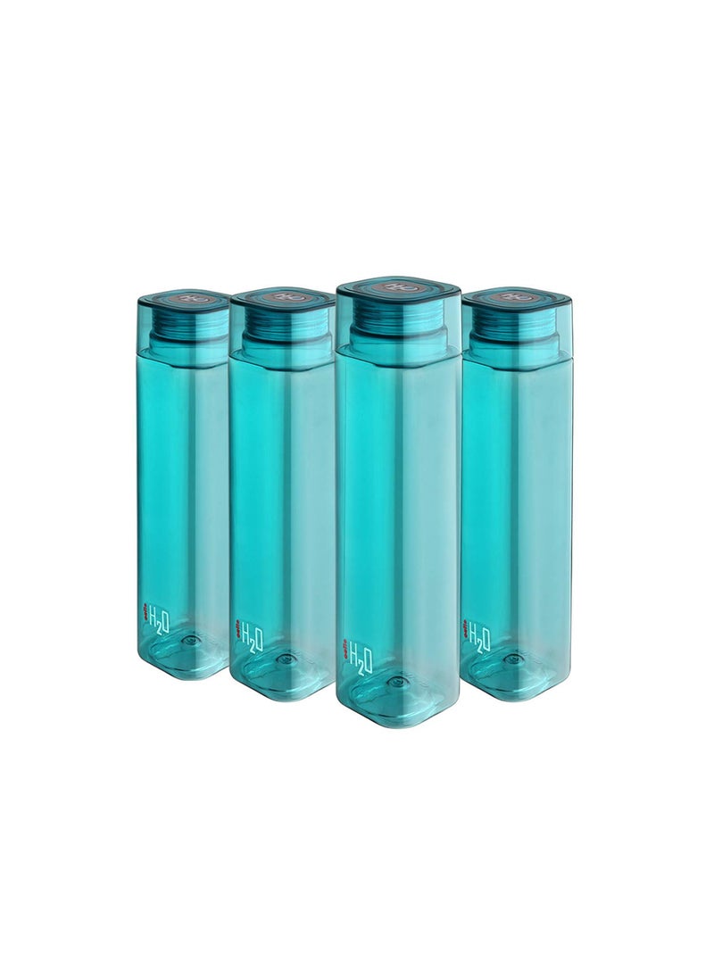 CELLO H2O Squaremate Plastic Water Bottle | Lid is sealed by a silicone ring | Leak proof & break-proof |Best Usage for Office/School/College/Gym/Picnic/Home/Fridge | 1 Liter | Aqua Blue, Set of 4