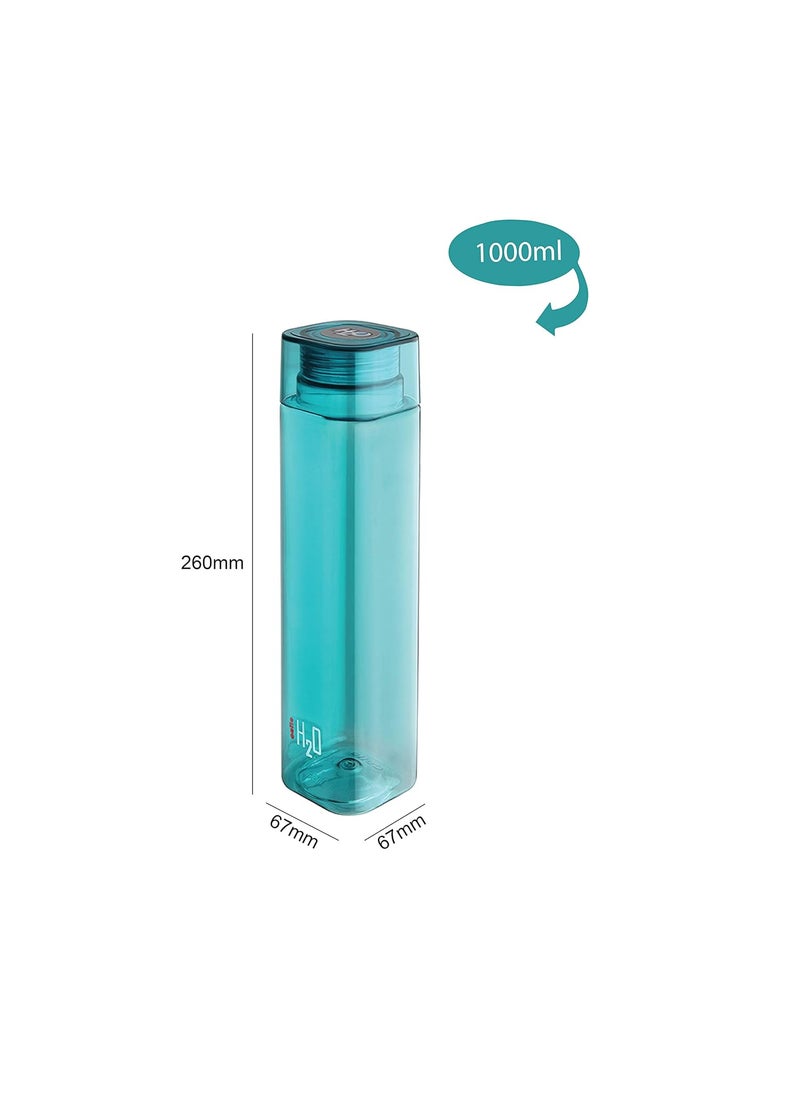 CELLO H2O Squaremate Plastic Water Bottle | Lid is sealed by a silicone ring | Leak proof & break-proof |Best Usage for Office/School/College/Gym/Picnic/Home/Fridge | 1 Liter | Aqua Blue, Set of 4